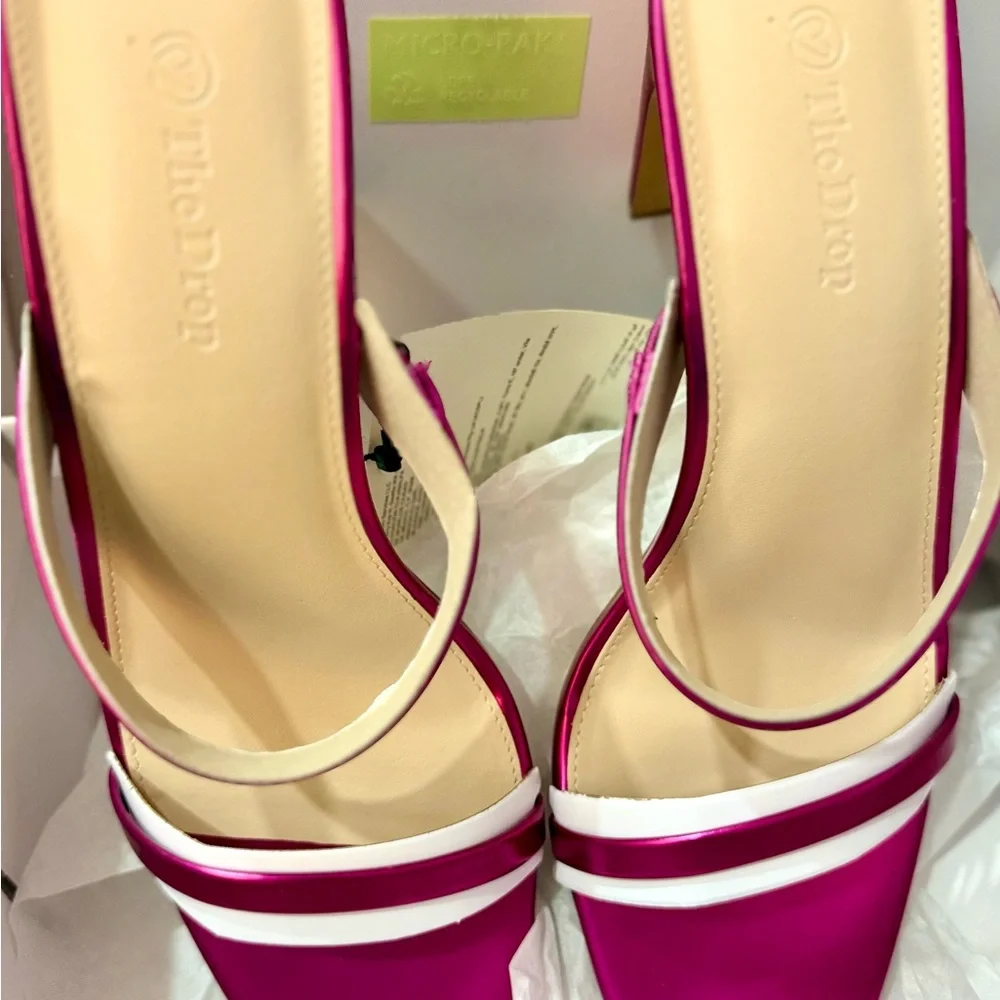 NWT Women’s The Drop Pink Metallic Two Strap 3” Heel Block Sandals